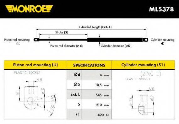 MONROE ML5378 Газова пружина, кришка багажника