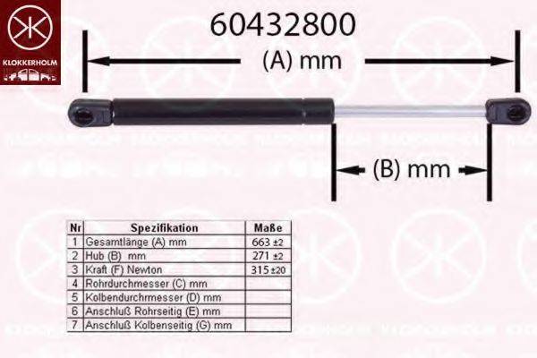 KLOKKERHOLM 60432800 Газова пружина, капот